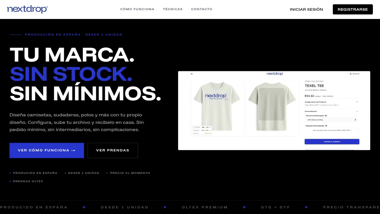 Nextdrop — Plataforma de ropa personalizada premium: configurador en línea, subida de diseños y producción loca