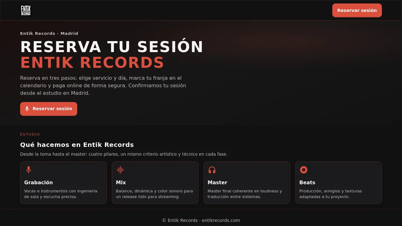 Reservas EntikRecords — Reservas online para estudio de grabación, con pagos, avisos y facturación.